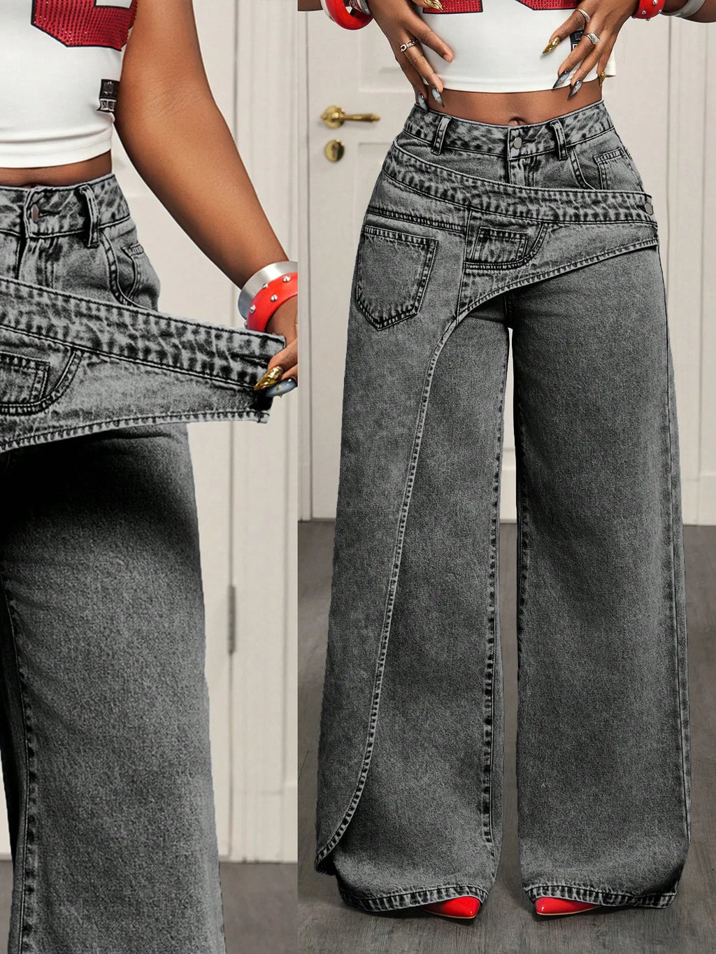 Women Asymmetrical Wrap Overlay Straight Breathable High Waist Mock Two Piece Deconstructed Jeans Streetwear