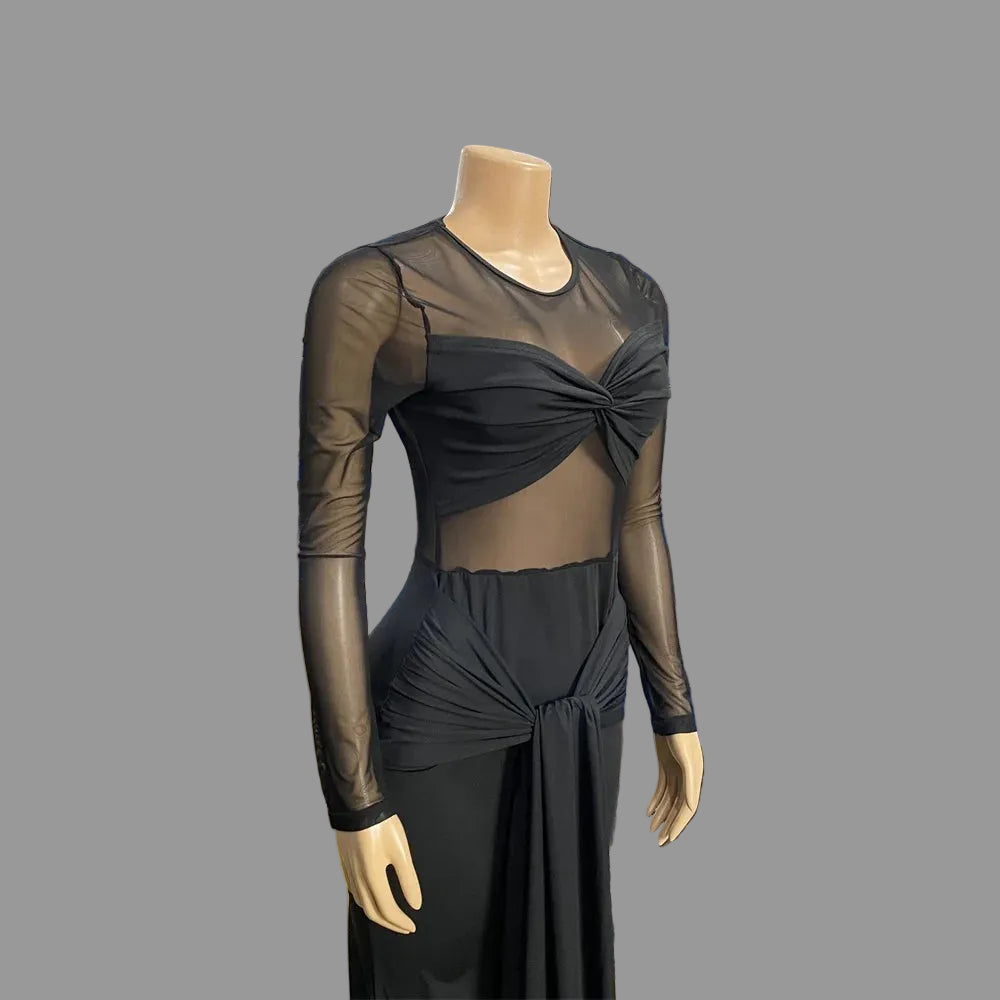 Woman Ruched Maxi Dress Long Sleeve Mesh Pleated Bodycon Femme Robe for Party Club Birthday