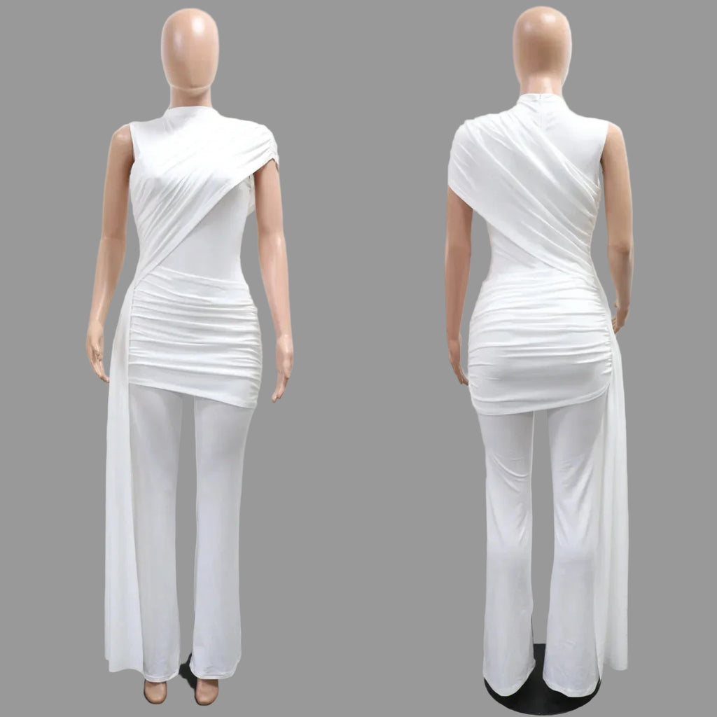 One-Shoulder Draped Ruched Flared Jumpsuit Ruched Bodycon Flare Leg Romper for Woman Casual Dressing