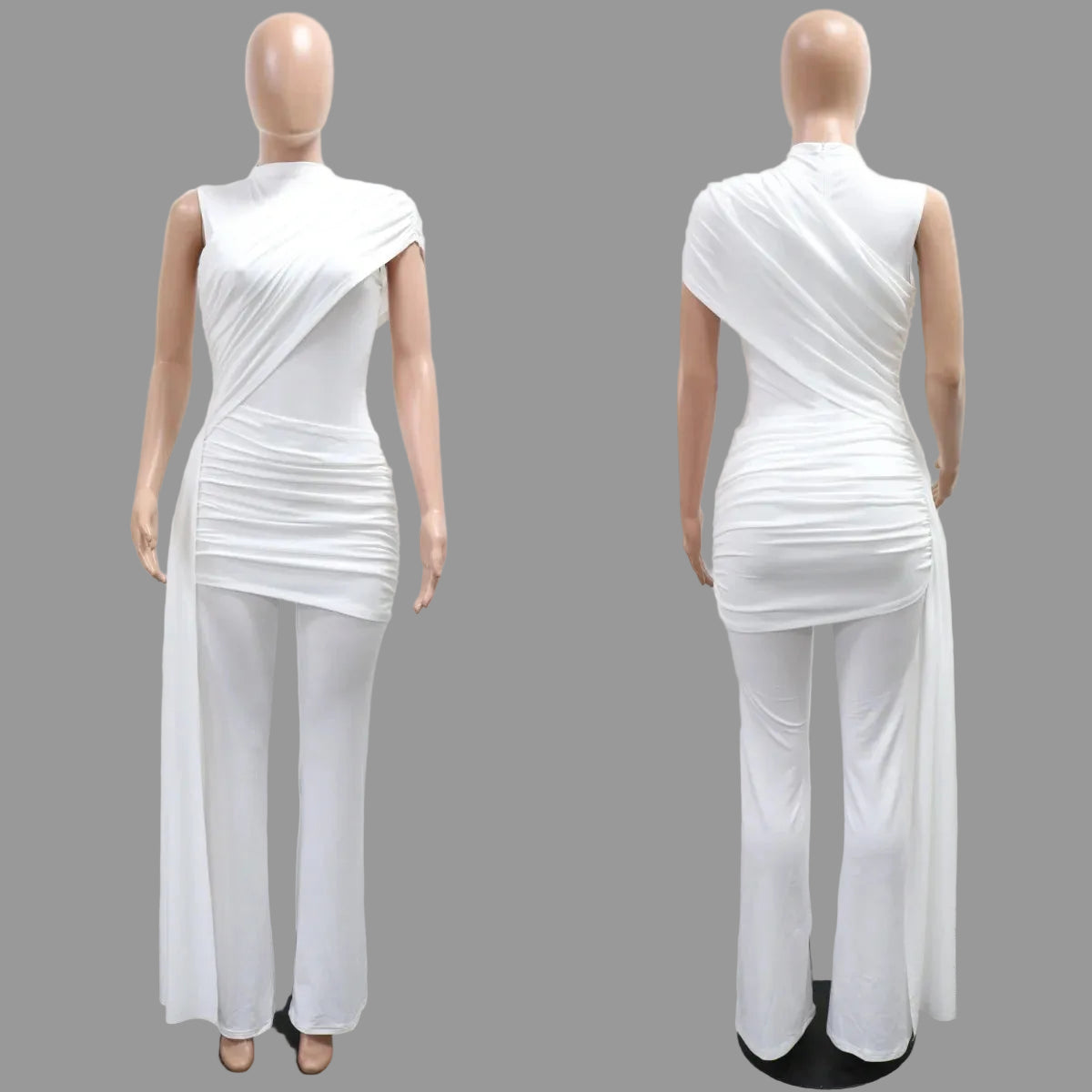One-Shoulder Draped Ruched Flared Jumpsuit Ruched Bodycon Flare Leg Romper for Woman Casual Dressing