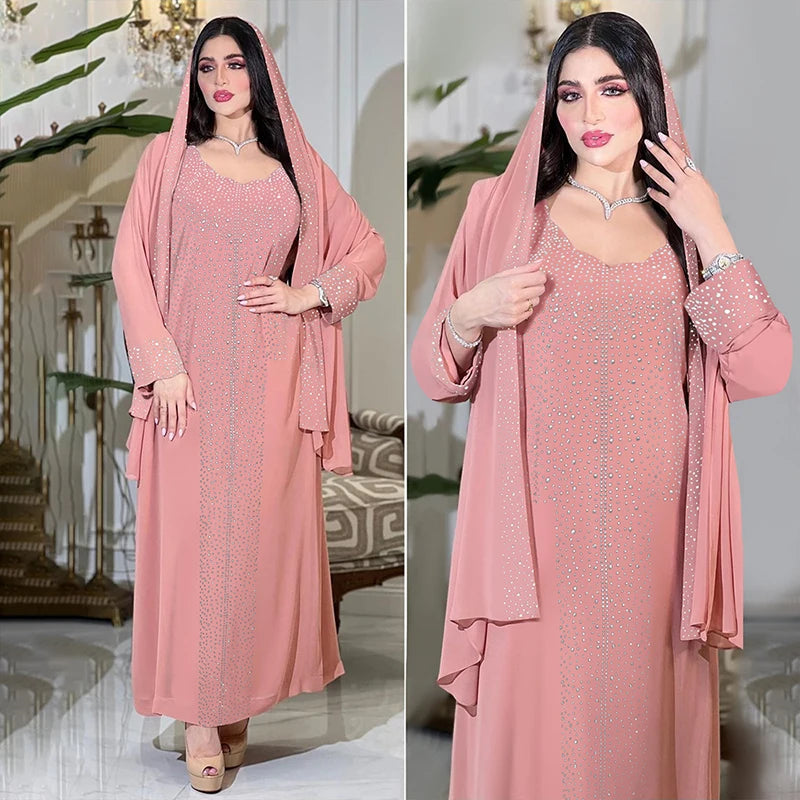 Women Elegant Rhinestone Arabian Islamic Clothing Robe Femme Modest Kleid Abaya Dress With Scarf