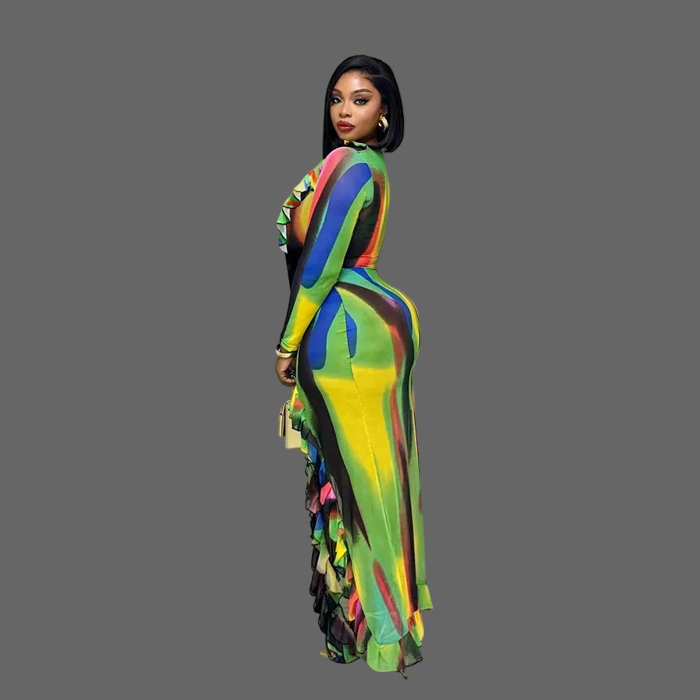 Colorful Abstract Print Lace up Ruffle Midi Dress Long Sleeve High Slit Bodycon Party Gown