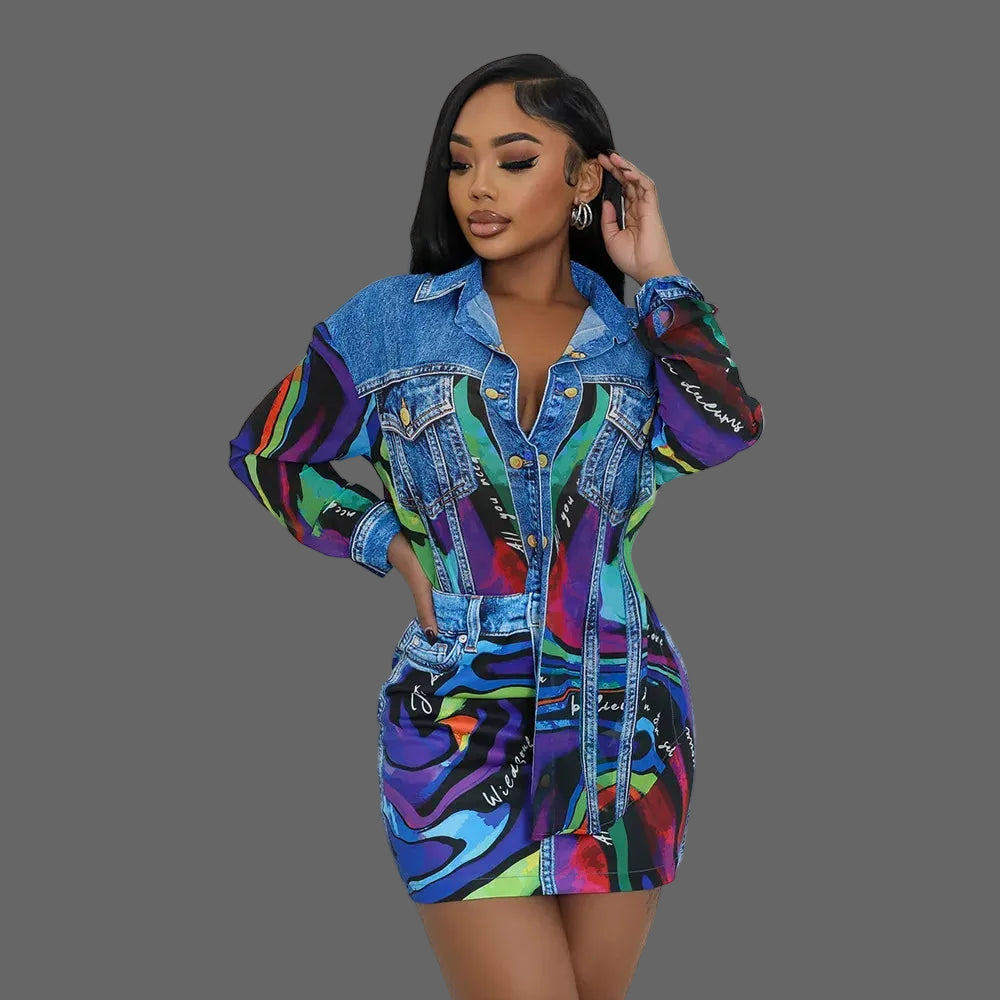 Women's Summer Casual Two-Piece Set Printed Top Turn-Down Collar Long Sleeve Paired Sexy Slim Fit Bodycon Breathable