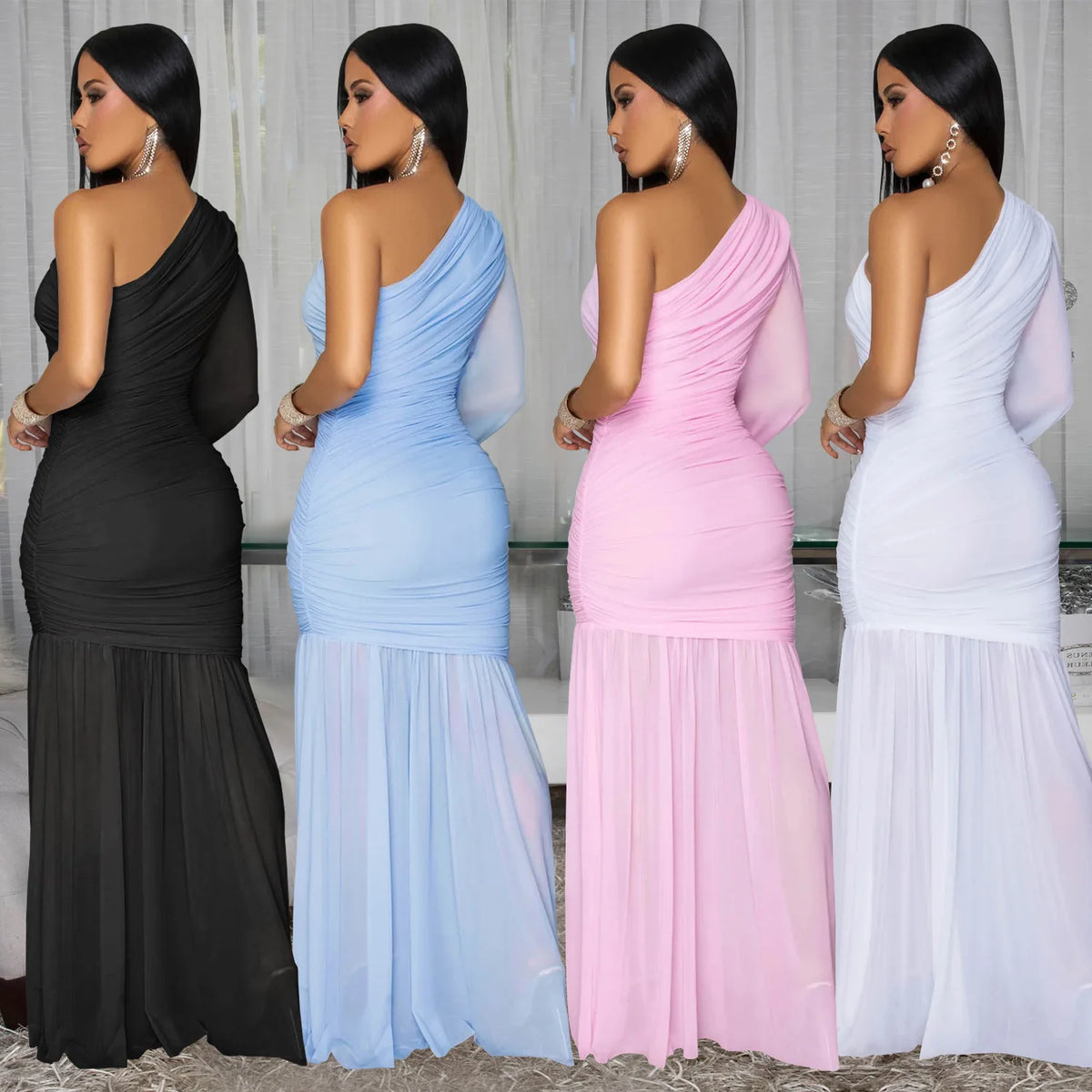One Shoulder Single Long Sleeve Ruched Mesh Mermaid Maxi Dress