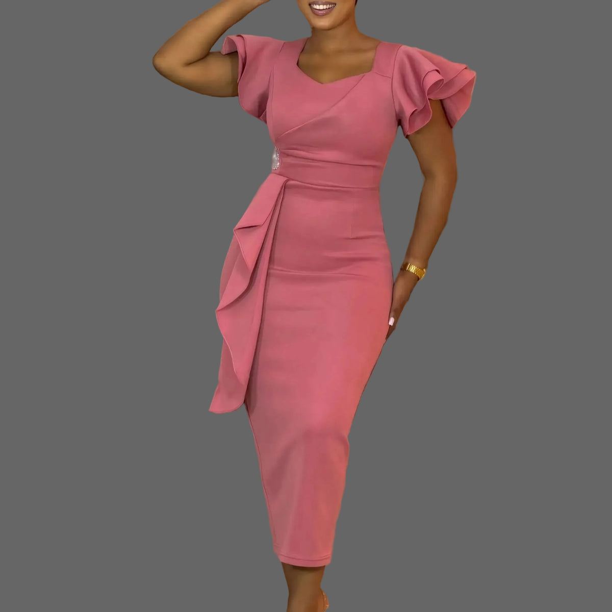 High Quality Midi Dress Woman Robe Long Sleeve Regular Fit Bodycon Natural Waistline Diamonds