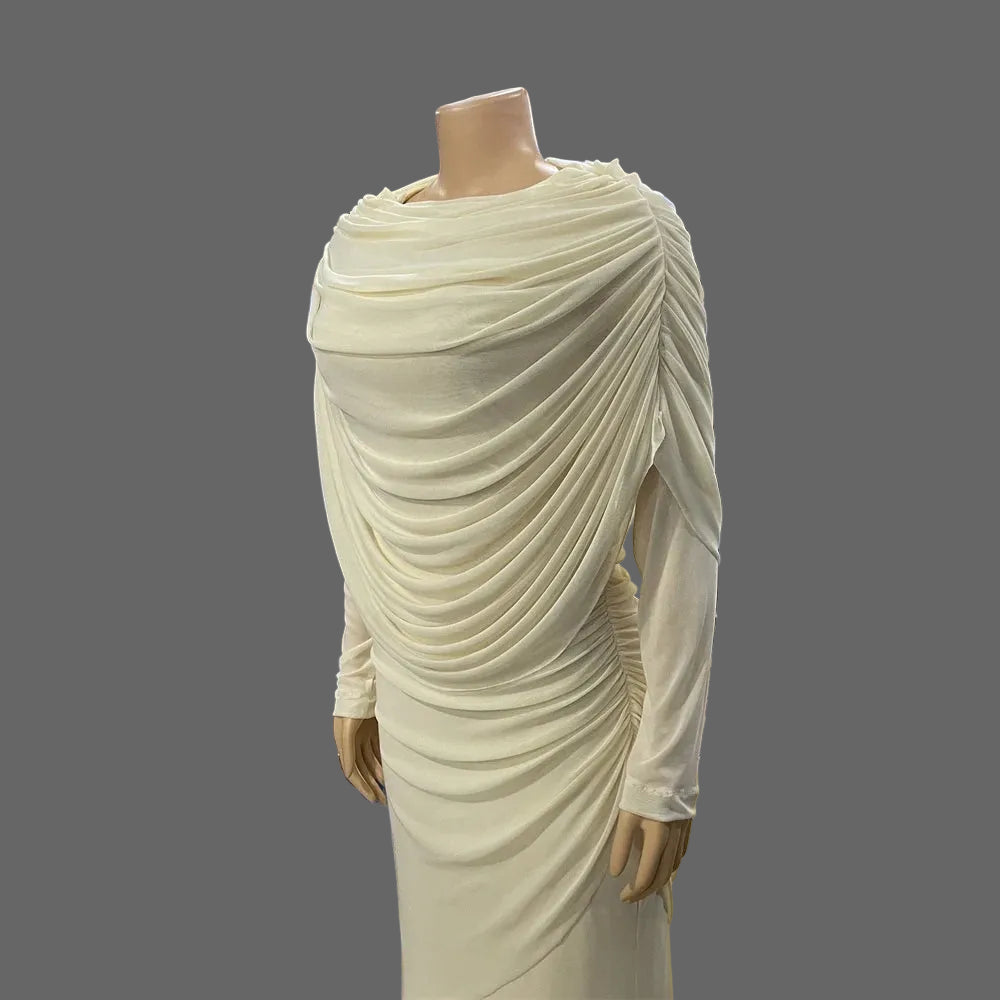 Huda Draped Dress Woman Ruched Maxi Dress Long Sleeve Slim Fit Dinner Gown