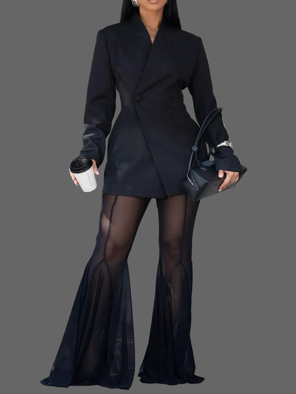Women Solid Casual One Button Fitted Blazer Two Piece Set Sheer Mesh Flare Bell Bottom Pants Party Suit