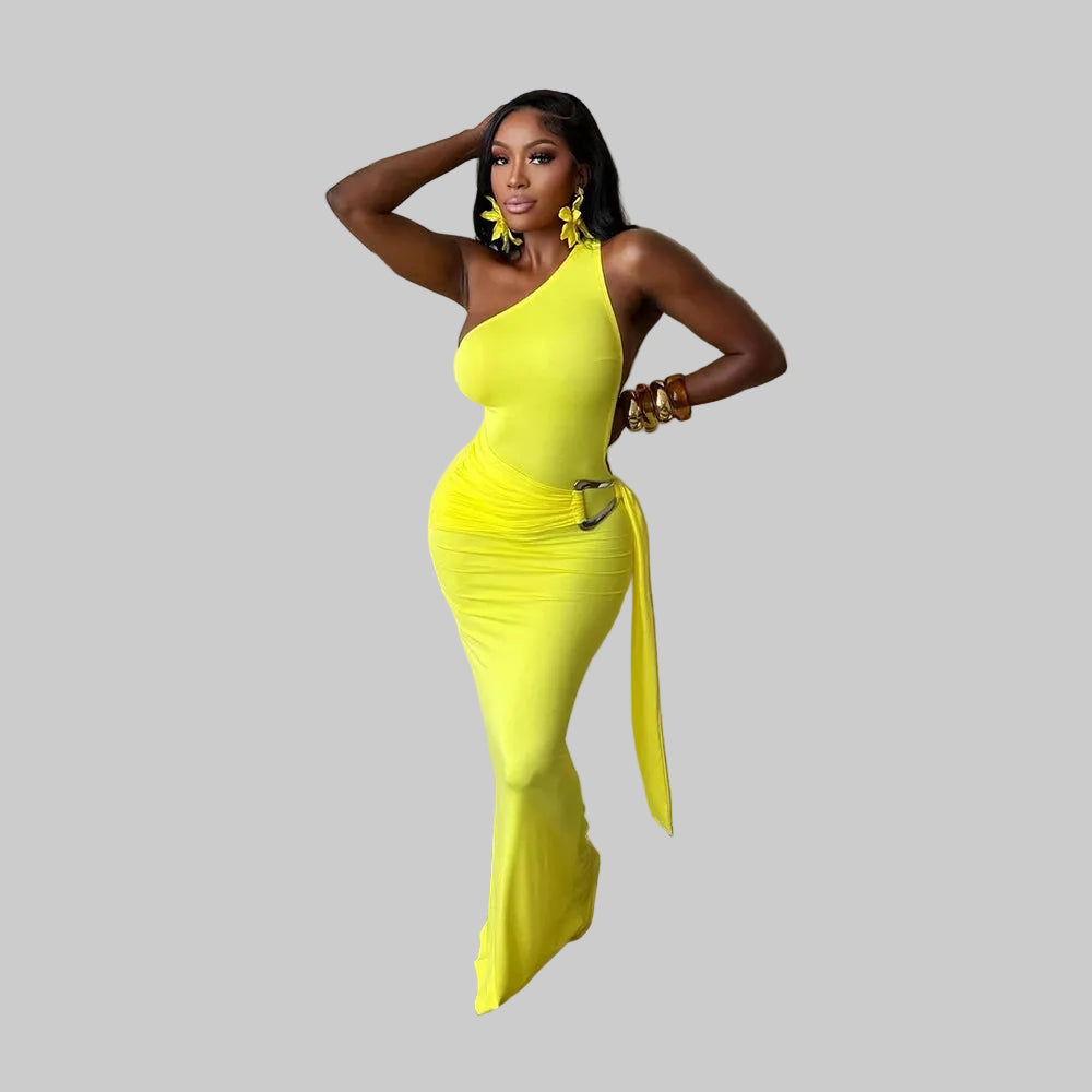 One Shoulder Ruched Mermaid Maxi Dress with Metal Buckle & Sash Detail Woman Summer Dresses