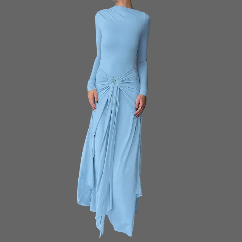 Solid Cute Ruched Maxi Dress Woman Asymmetrical Natural Regular Fit Eco-Friendly Bodycon Silhouette for Birthday Club