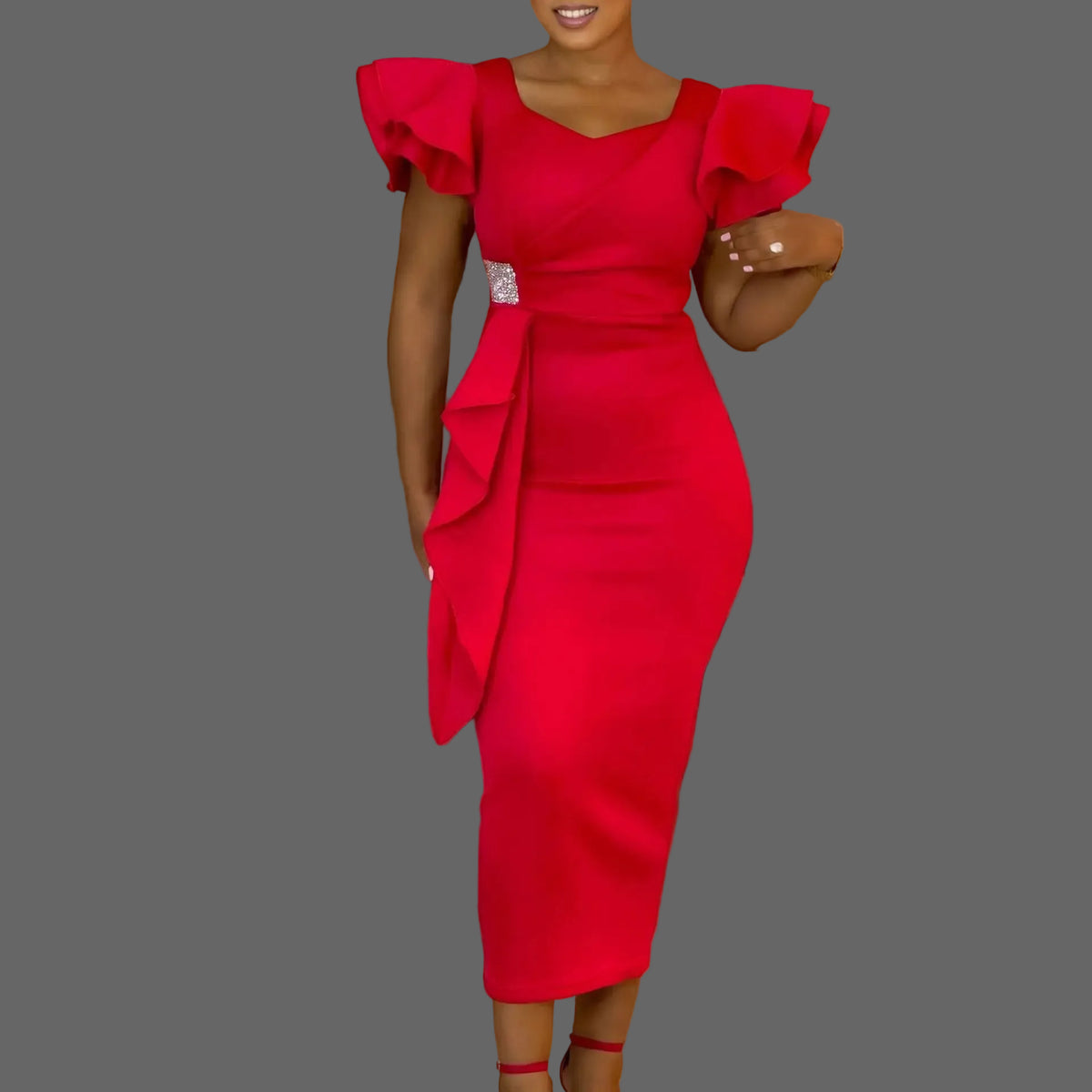 High Quality Midi Dress Woman Robe Long Sleeve Regular Fit Bodycon Natural Waistline Diamonds