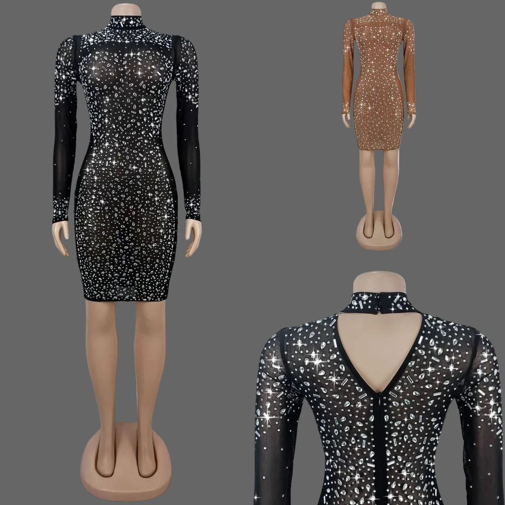 CX7591 Mesh Rhinestone Mini Dress Sexy See Through Bodycon for Party Club Birthday Night Out