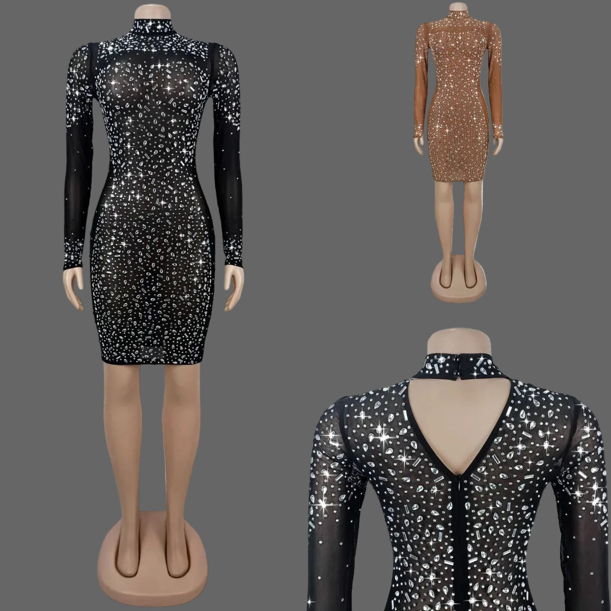 CX7591 Mesh Rhinestone Mini Dress Sexy See Through Bodycon for Party Club Birthday Night Out