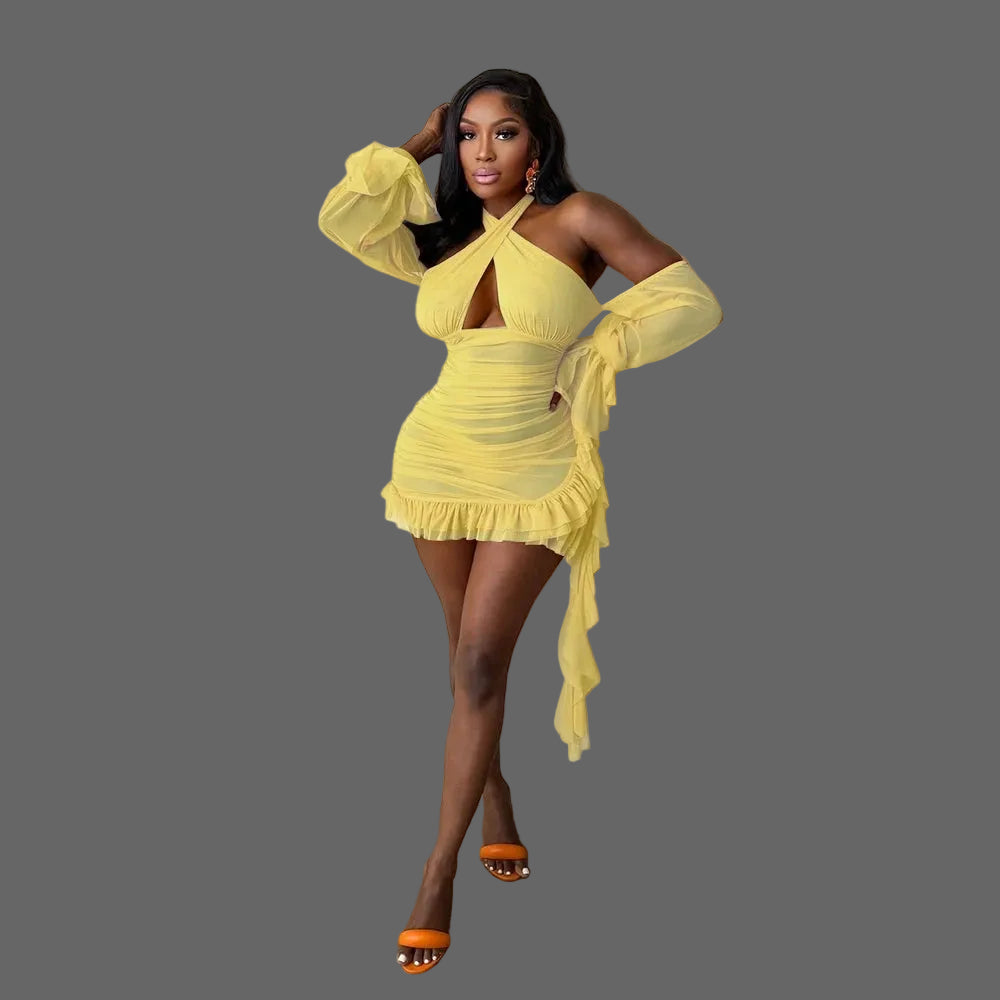 Woman Halter Mini Dress Sexy Mesh Cutout Ruched Bodycon for Night Out Birthday Party Club