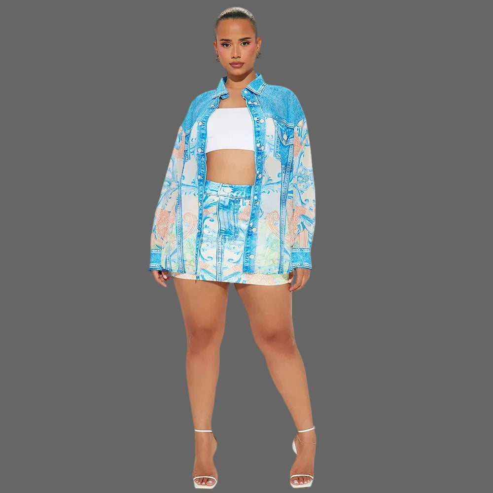 Women's Summer Casual Two-Piece Set Printed Top Turn-Down Collar Long Sleeve Paired Sexy Slim Fit Bodycon Breathable