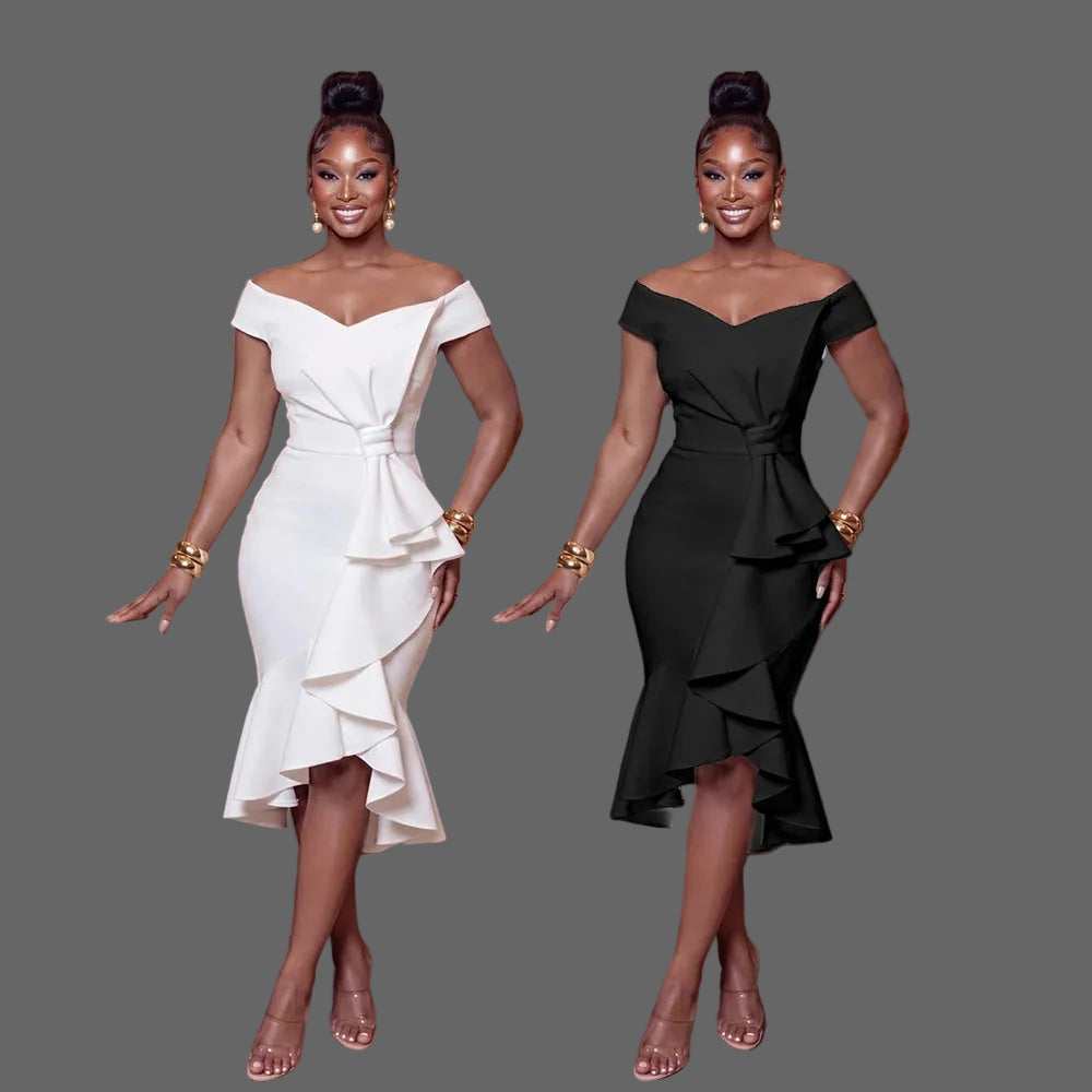 Off Shoulder Ruffle Midi Dress Woman Asymmetrical Peplum Bodycon Party Dress