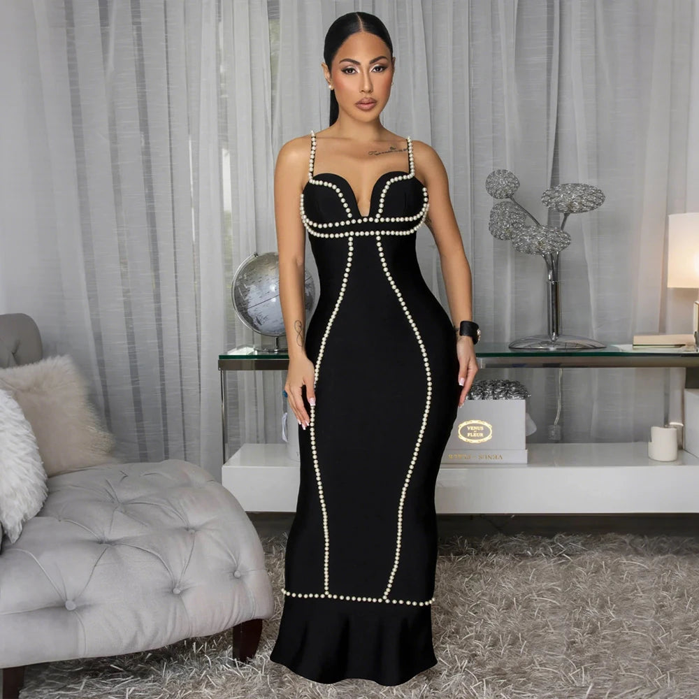 Slip Maxi Dress Woman Black V Neck Sexy Date Birthday Dress