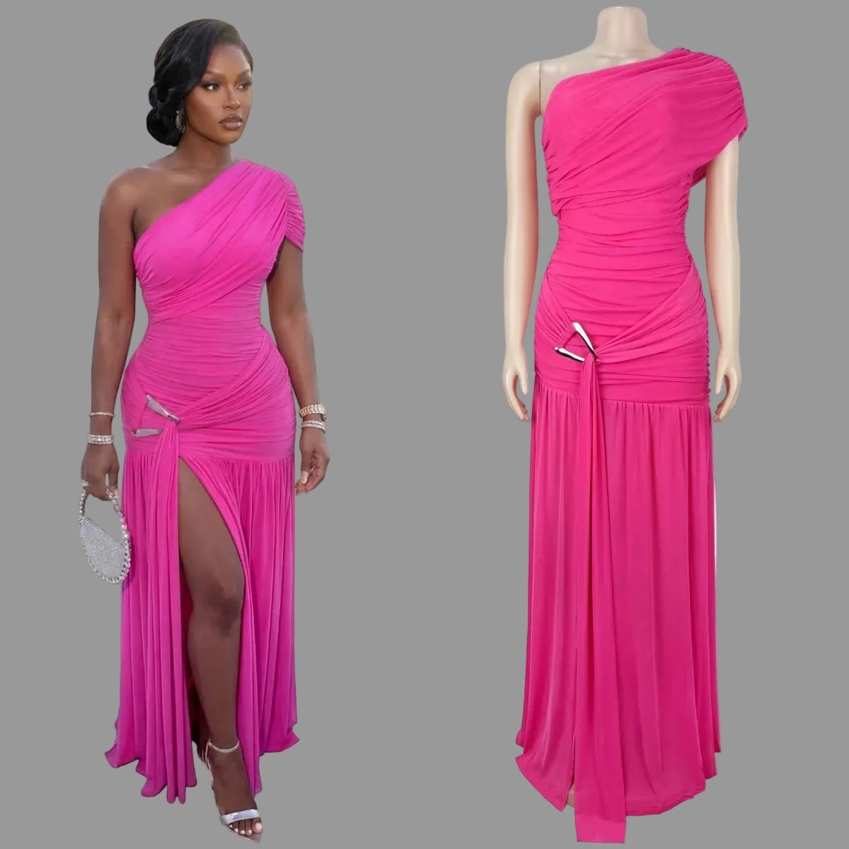 One Shoulder Ruched Mesh Maxi Dress Metal Buckle High Slit Pleated Hem Party Gown