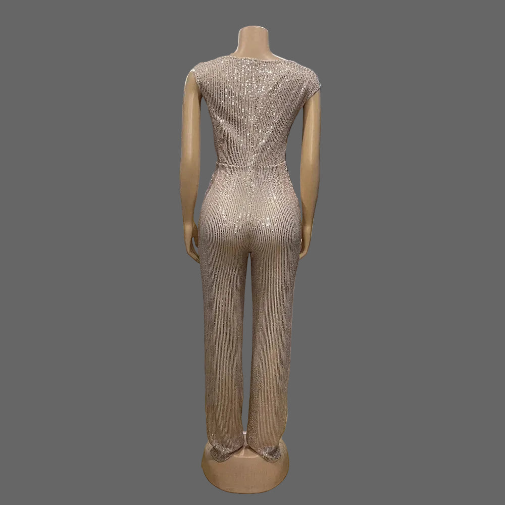 Casual Breathable Slash Sequin Jumpsuit Women Slim Fit for Birthday Party Club