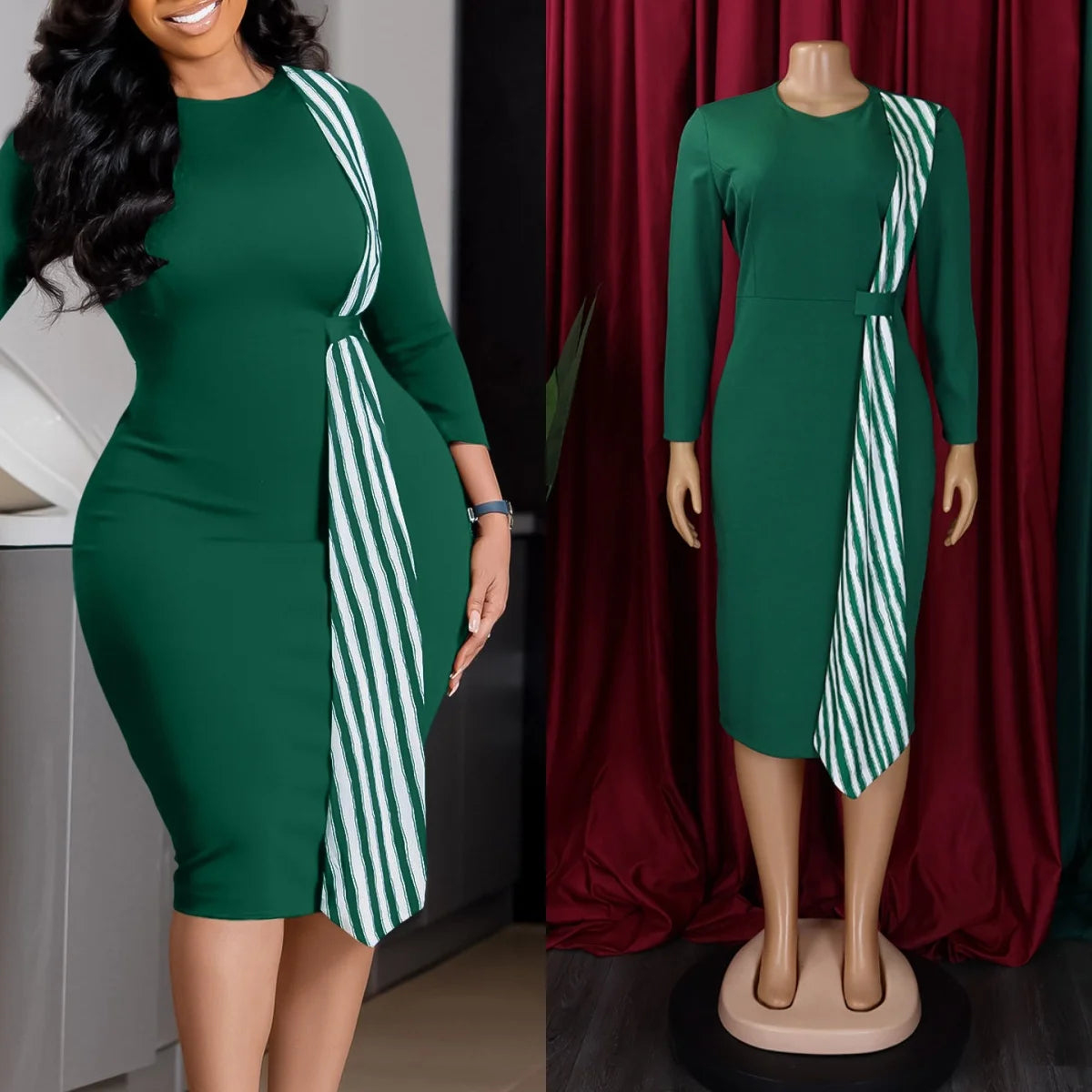 High Quality Midi Dress Woman Robe Long Sleeve Regular Fit Bodycon Natural Waist Diamonds