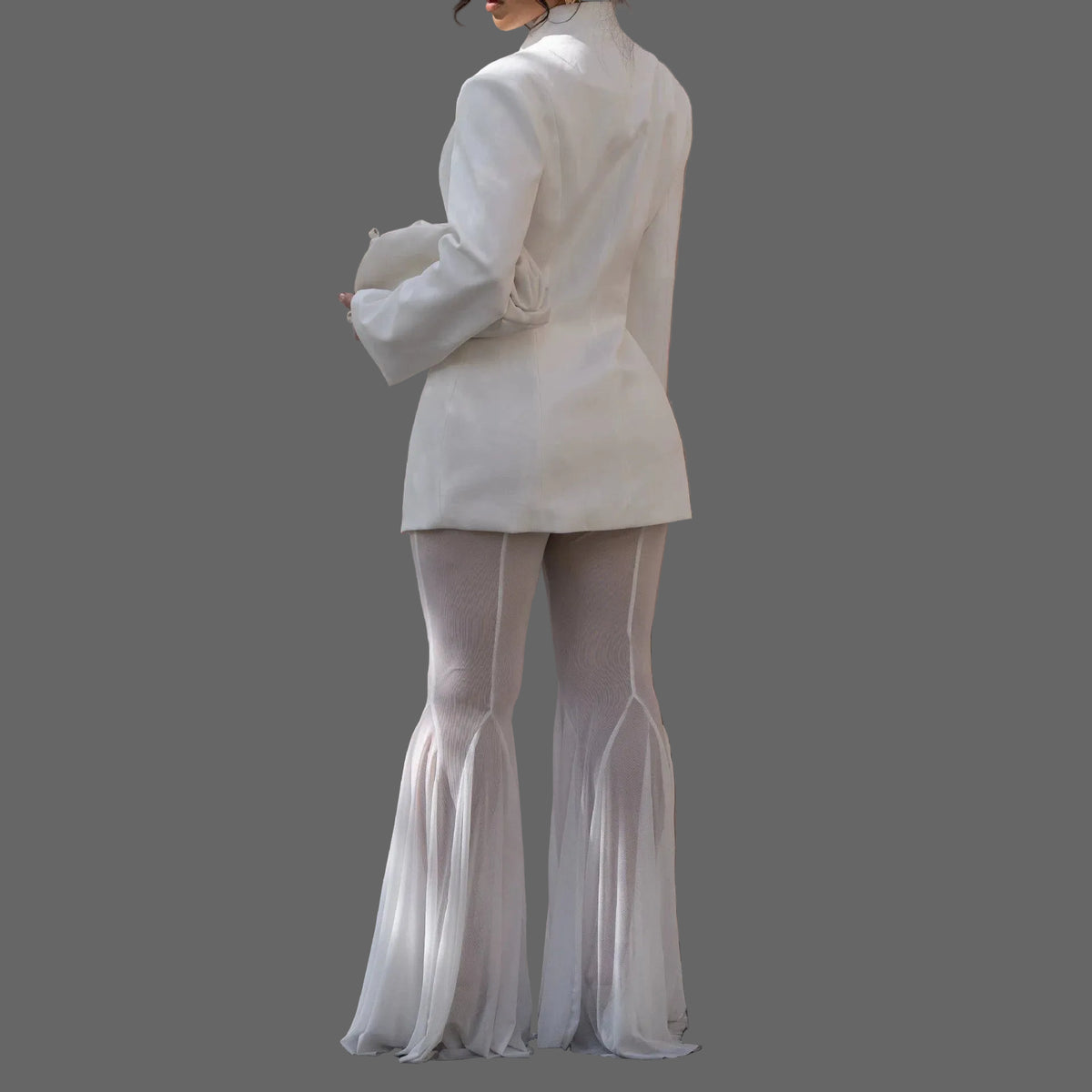 Women Solid Casual One Button Fitted Blazer Two Piece Set Sheer Mesh Flare Bell Bottom Pants Party Suit