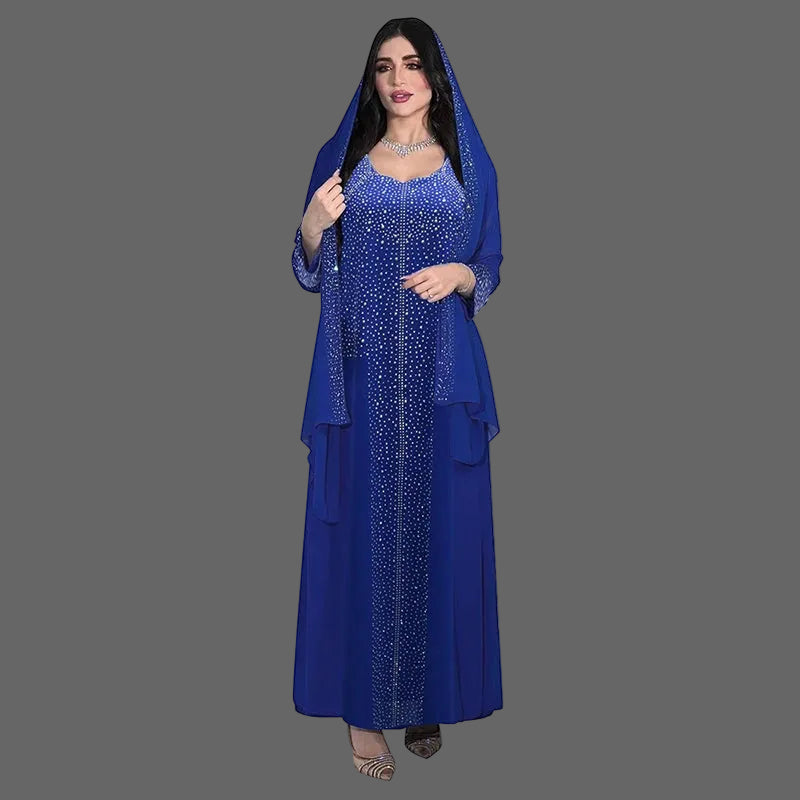 Women Elegant Rhinestone Arabian Islamic Clothing Robe Femme Modest Kleid Abaya Dress With Scarf