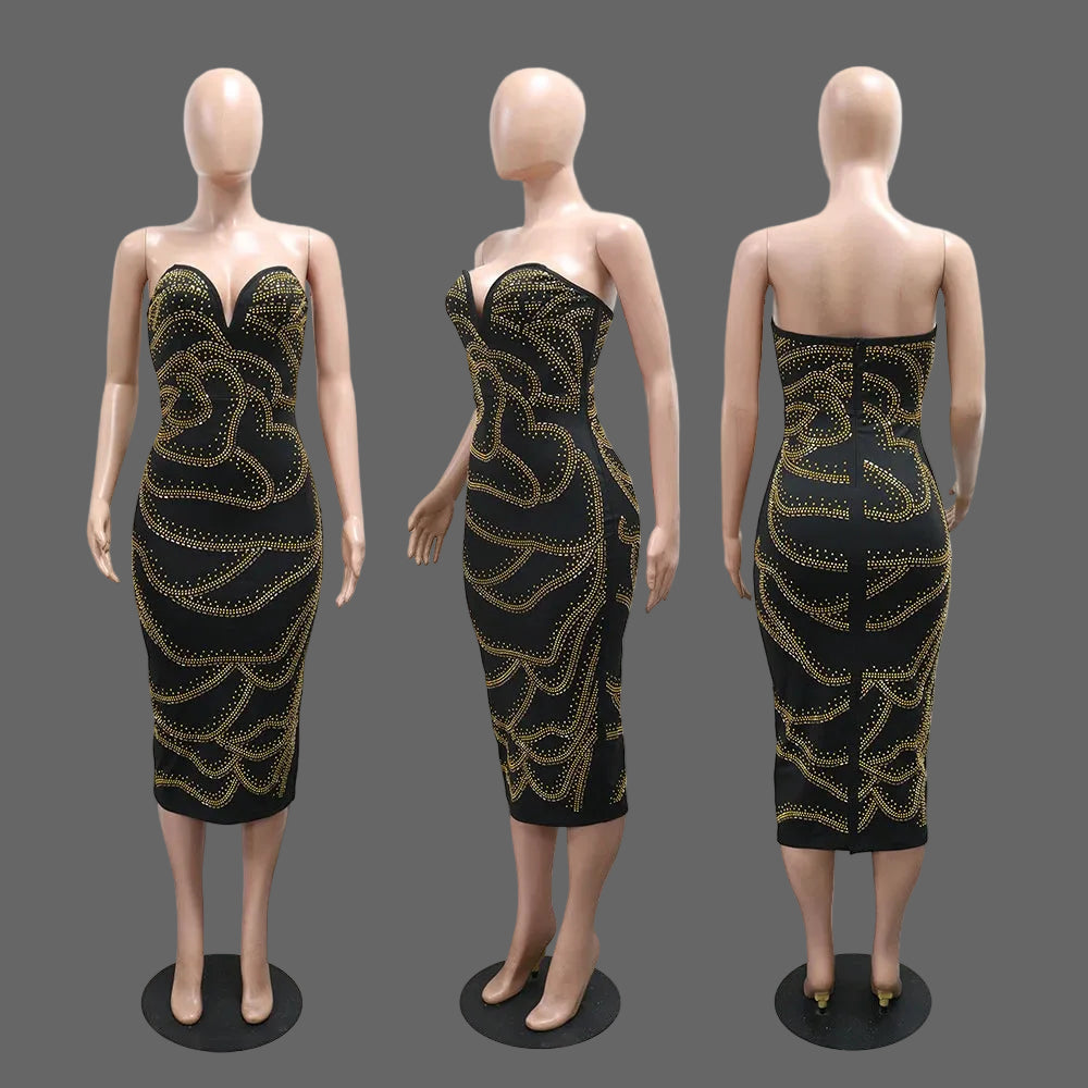 Strapless Rhinestone Mini Dress Woman Stretchy Bodycon for Birthday Party Club