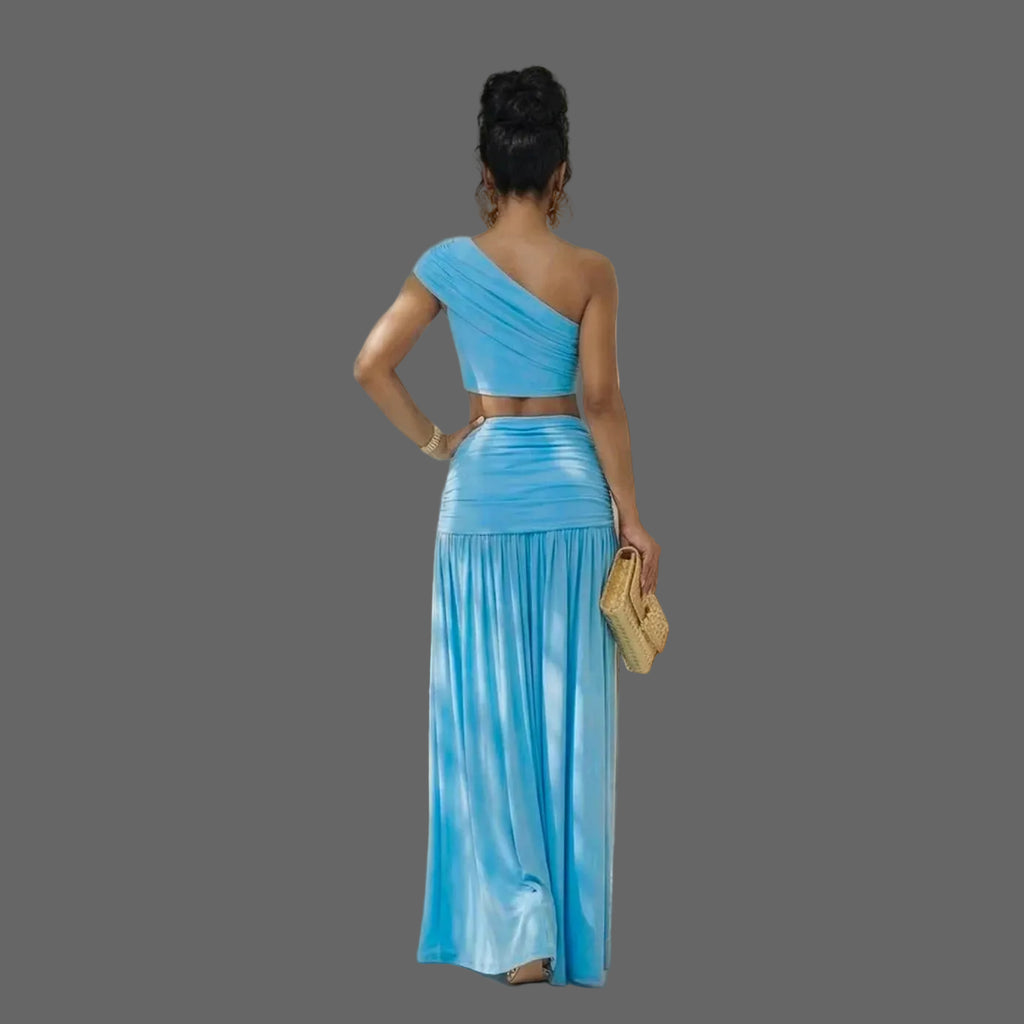 Two-Piece Set One Shoulder Crop Top & High Waist Maxi Skirt with Gold Flower