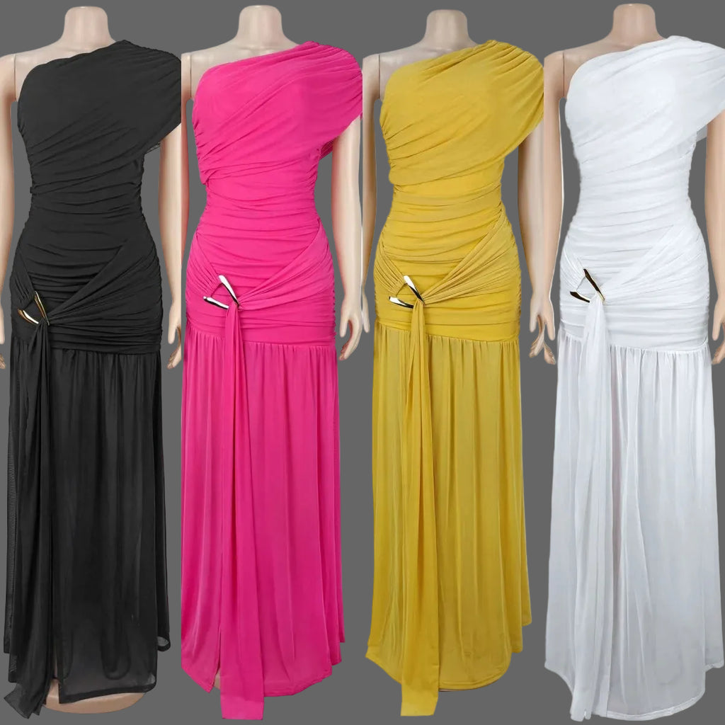 One Shoulder Ruched Mesh Maxi Dress Metal Buckle High Slit Pleated Hem Party Gown