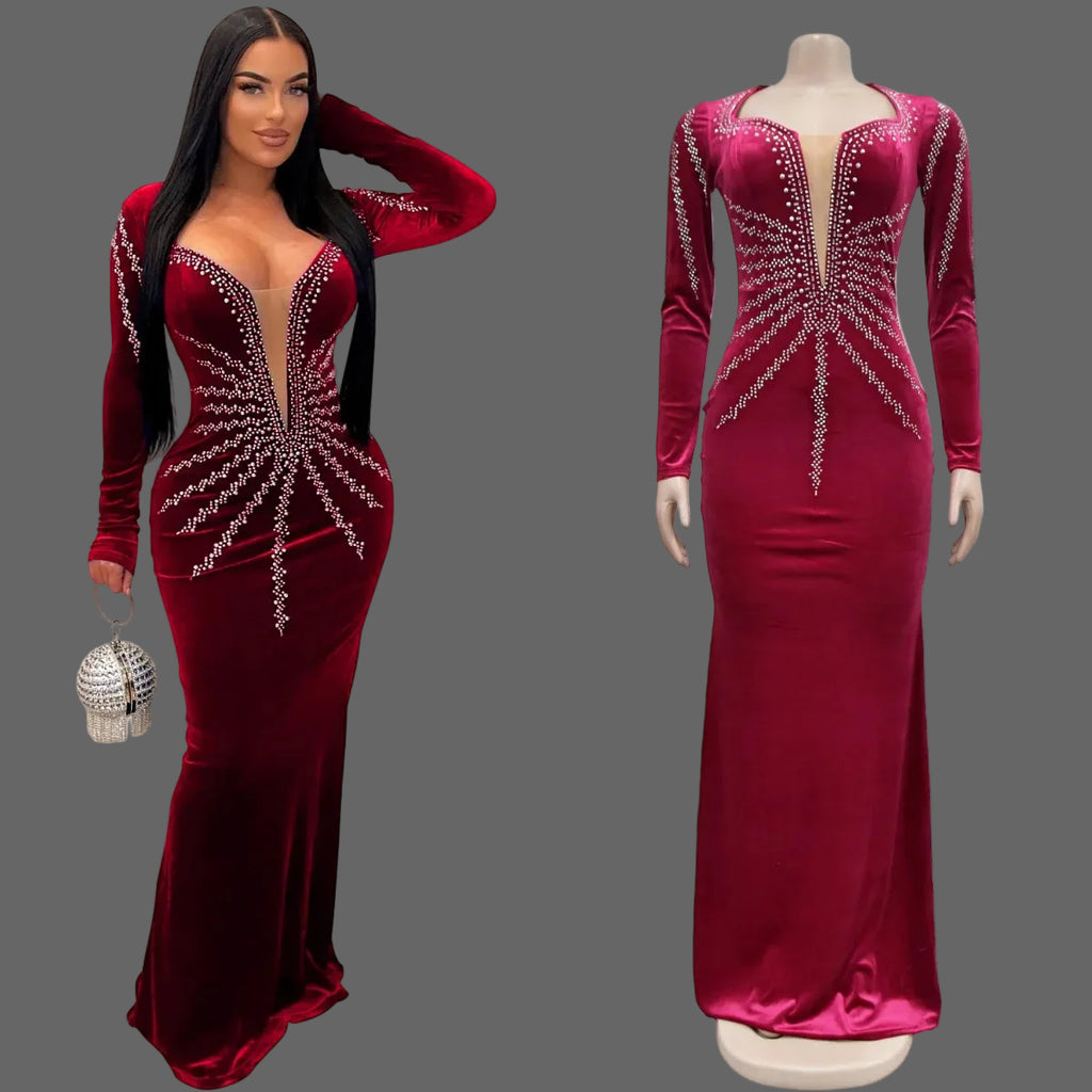 Elegant Rhinestone Velvet Mermaid Evening Gown