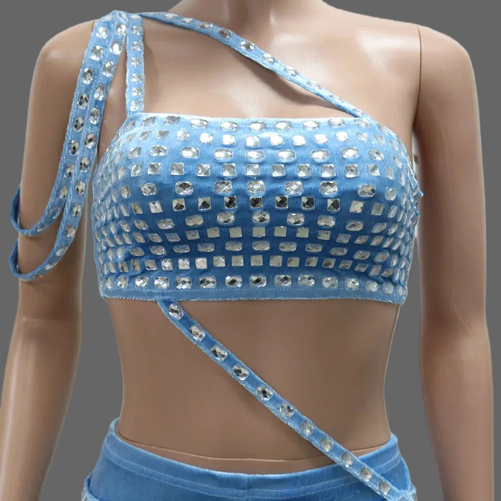 Women's Two-Piece Set Strapless Crop Top Rhinestones Skinny Fit Long Pants Casual Solid Short