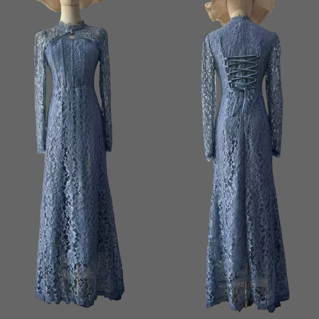 Mermaid Maxi Dress Long Sleeve Corset Back Lace-Up Formal Evening Party Gown