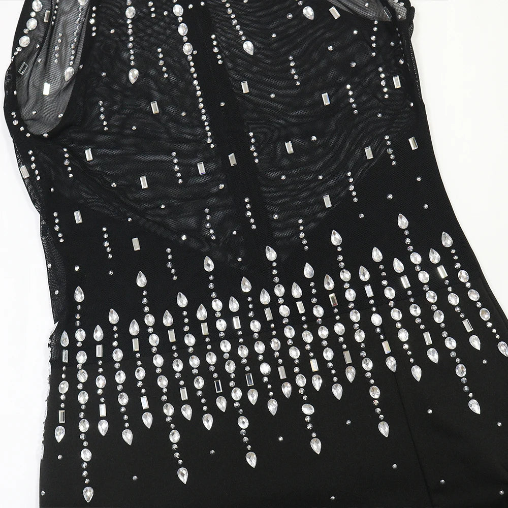 Rhinestone Maxi Dress Empire Waist Milk Silk Eco-Friendly Bodycon Sleeveless Evening Dress for Party Club