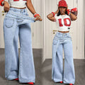 Women Asymmetrical Wrap Overlay Straight Breathable High Waist Mock Two Piece Deconstructed Jeans Streetwear