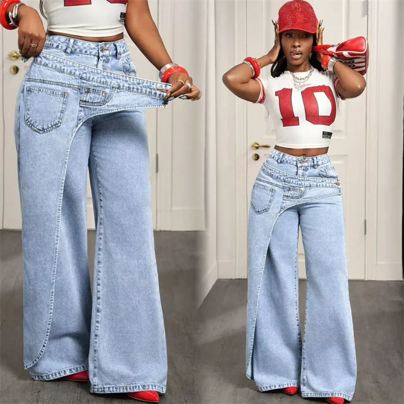 Women Asymmetrical Wrap Overlay Straight Breathable High Waist Mock Two Piece Deconstructed Jeans Streetwear