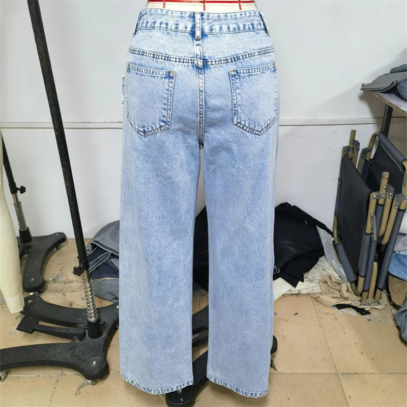 Women Asymmetrical Wrap Overlay Straight Breathable High Waist Mock Two Piece Deconstructed Jeans Streetwear