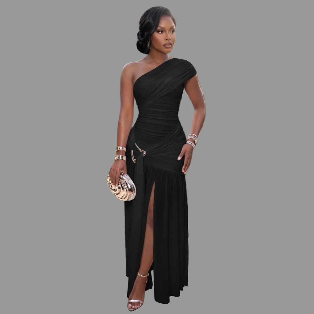 One Shoulder Ruched Mesh Maxi Dress Metal Buckle High Slit Pleated Hem Party Gown