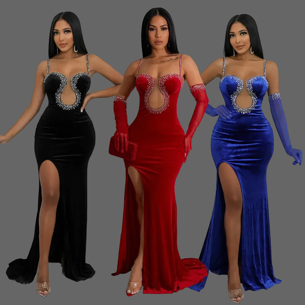 High-end Rhinestone Spaghetti Strap A-Line Ankle-Length Milk Silk Evening Dress Back Slit for Dinner Luxury