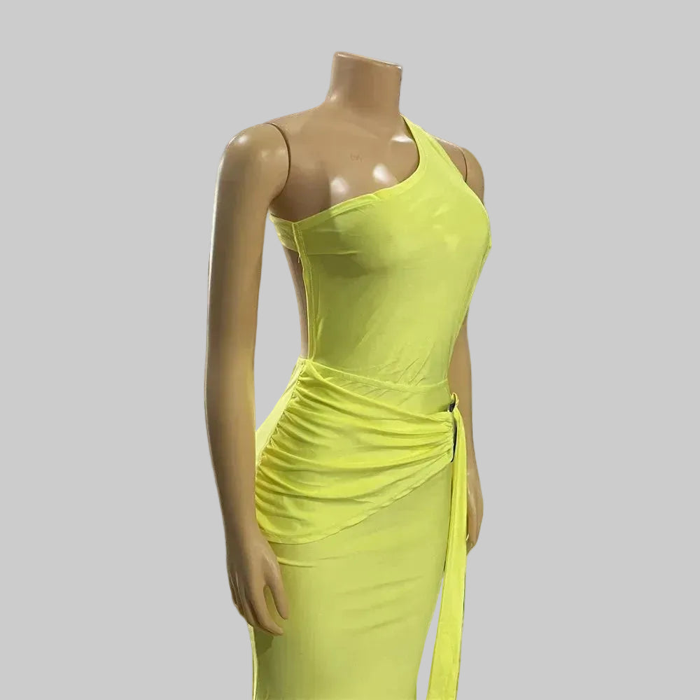 One Shoulder Ruched Mermaid Maxi Dress with Metal Buckle & Sash Detail Woman Summer Dresses
