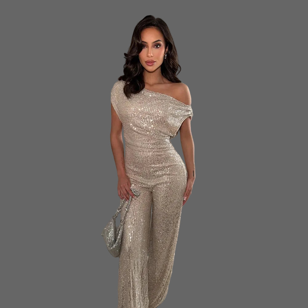 Casual Breathable Slash Sequin Jumpsuit Women Slim Fit for Birthday Party Club