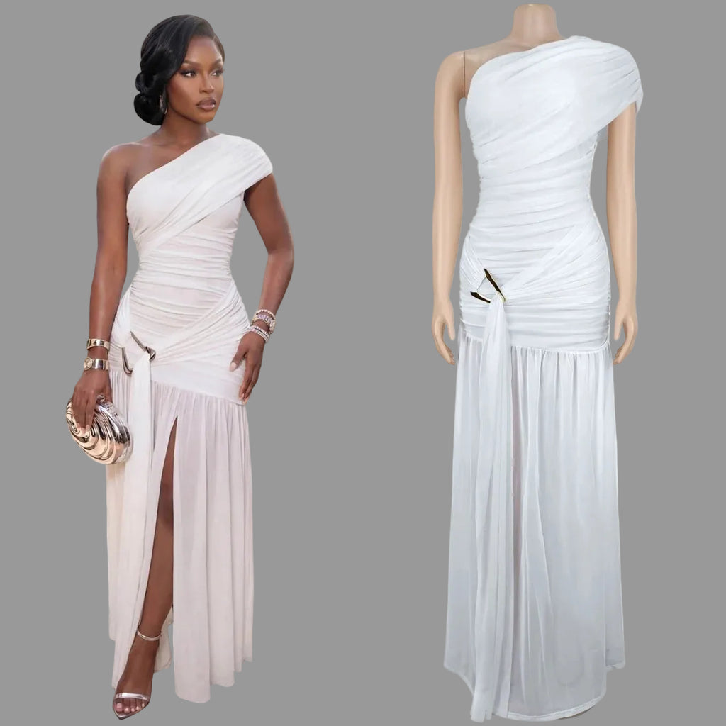 One Shoulder Ruched Mesh Maxi Dress Metal Buckle High Slit Pleated Hem Party Gown