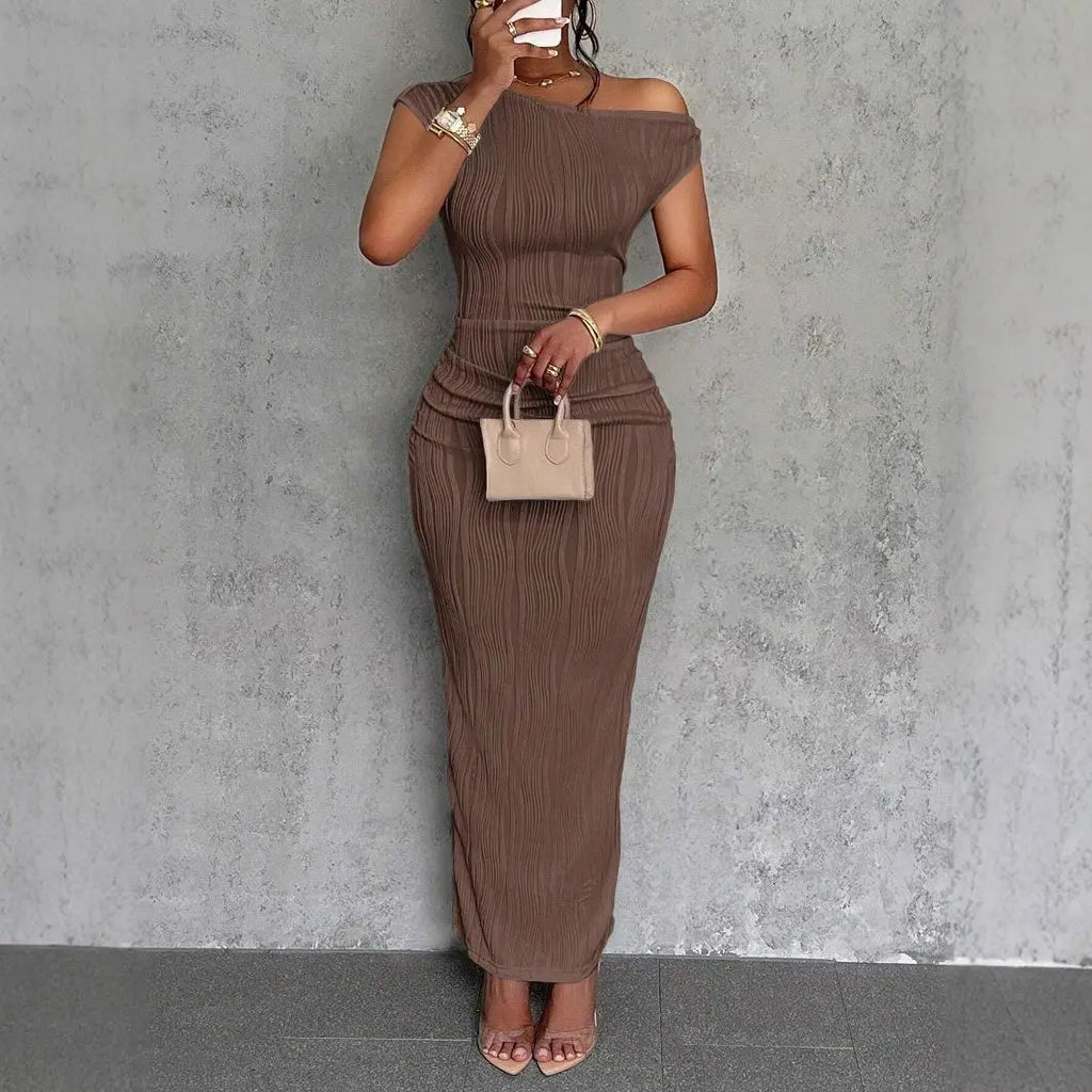 Fashionable Water Ripple Sloping Shoulder Dress