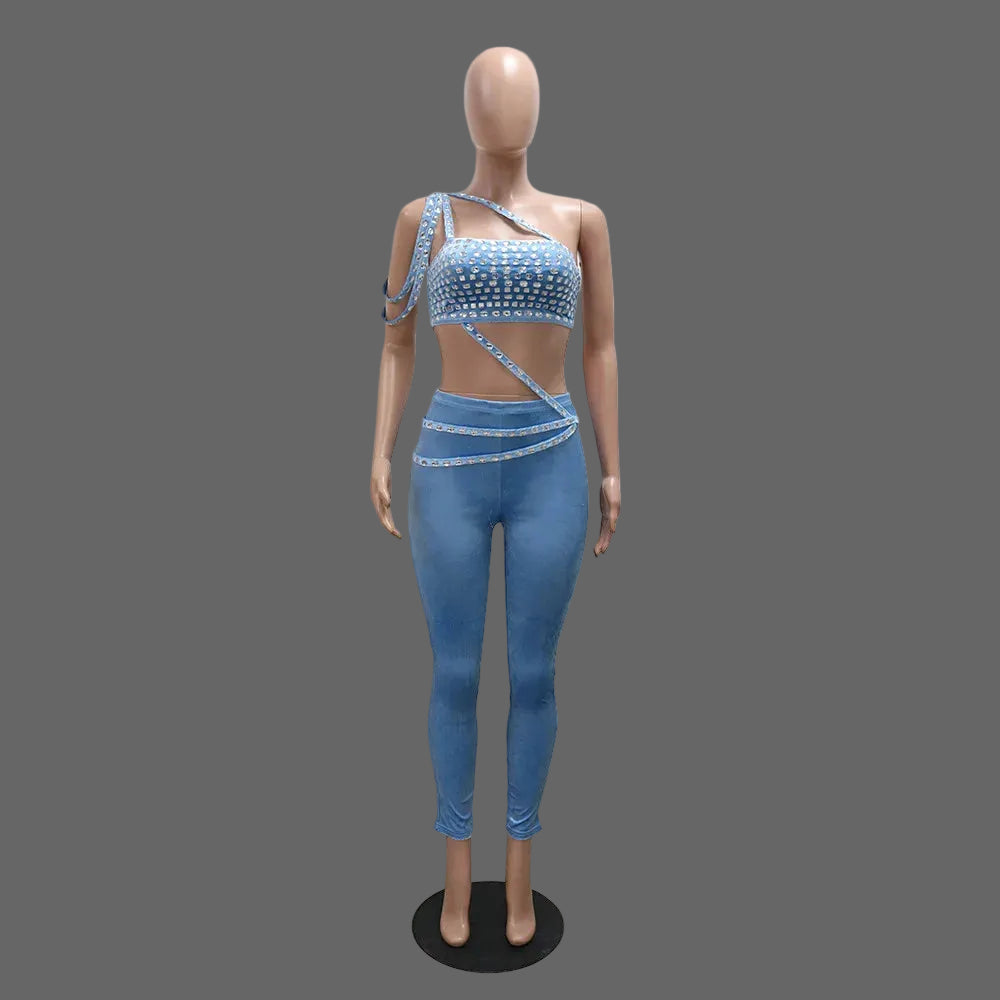 Women's Two-Piece Set Strapless Crop Top Rhinestones Skinny Fit Long Pants Casual Solid Short