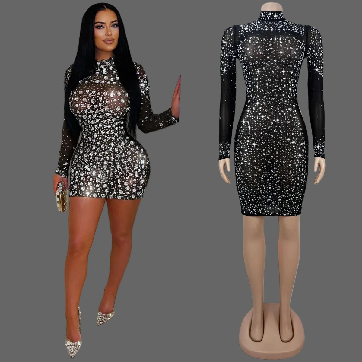 CX7591 Mesh Rhinestone Mini Dress Sexy See Through Bodycon for Party Club Birthday Night Out