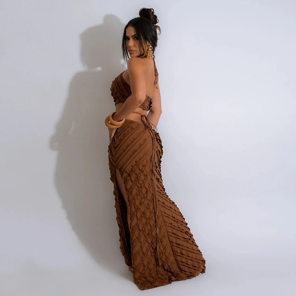 Sexy Hollow Out Waist Tie Neck Side Slit Skirt Streetwear Casual Maxi Dresses for Woman