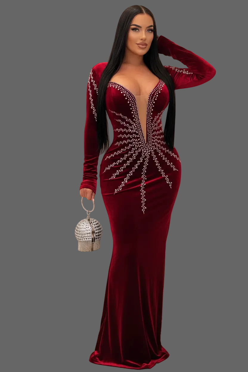 Elegant Rhinestone Velvet Mermaid Evening Gown