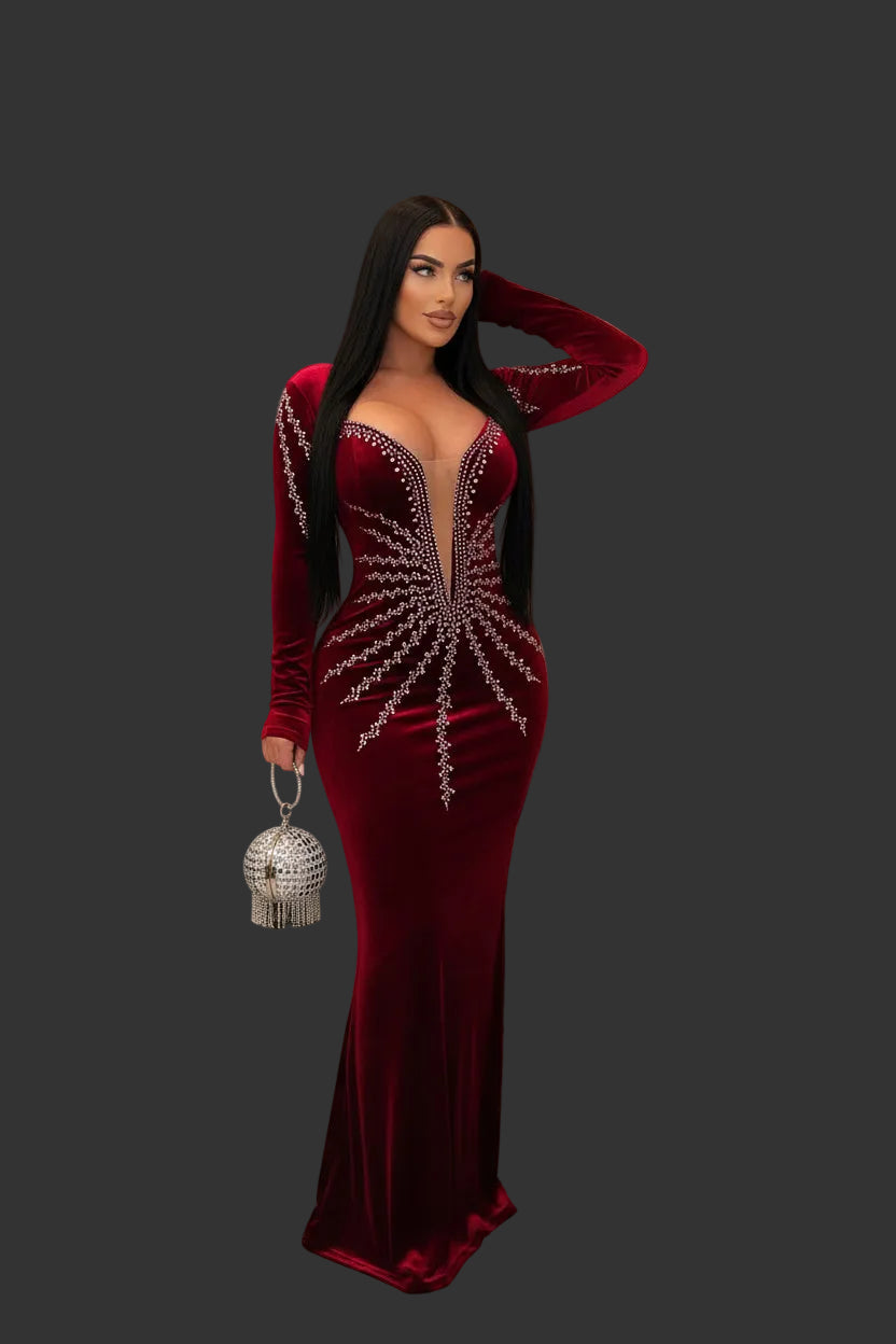 Elegant Rhinestone Velvet Mermaid Evening Gown