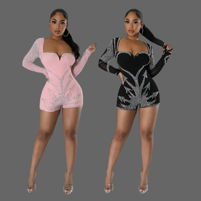 Glass Crystal Long Sleeve Zip-up Romper Heart Rhinestone Jumpsuits Playsuits Woman