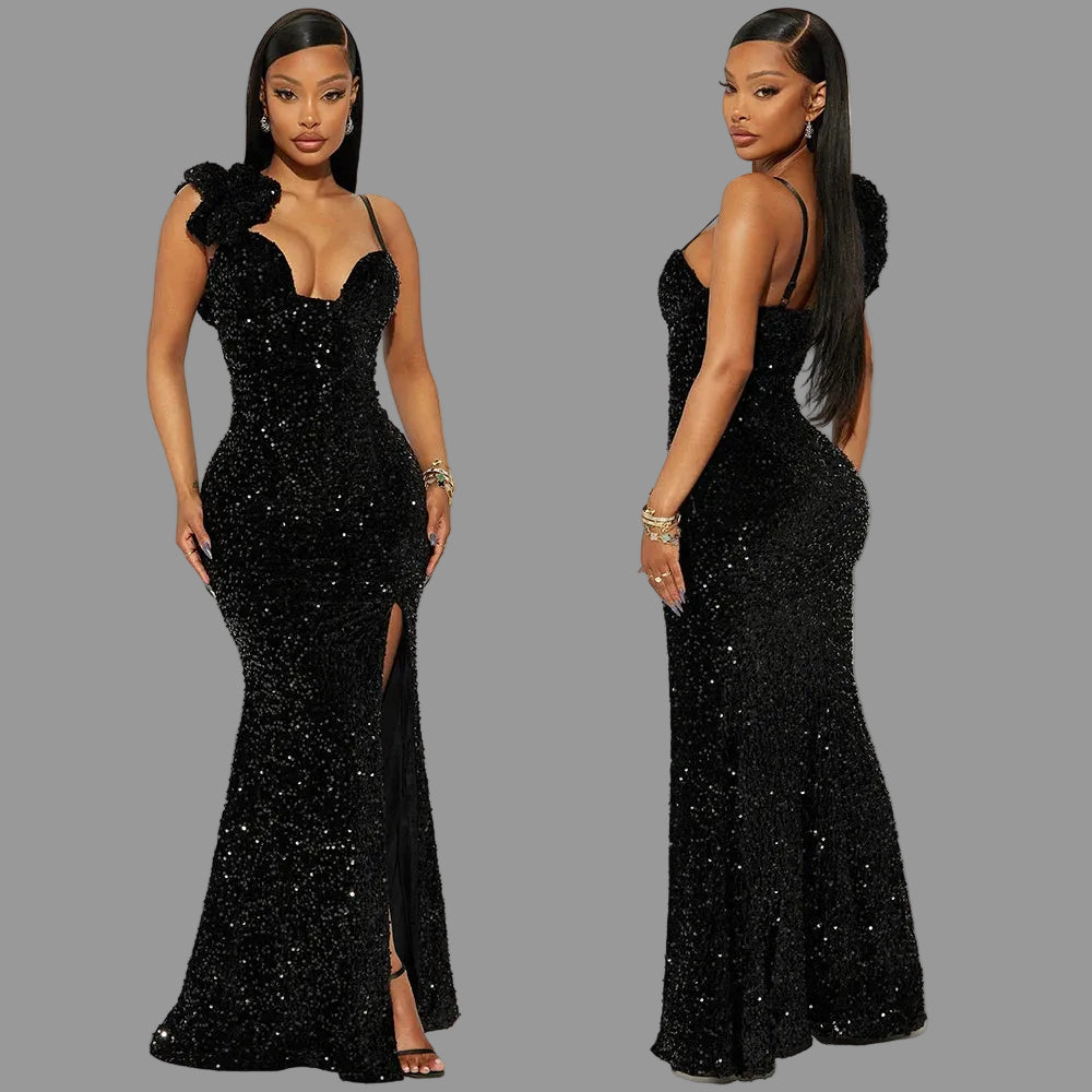 Spaghetti Strap Prom Dresses Sequin Ball Activity Dressing Women Evening Maxi Slit Dress