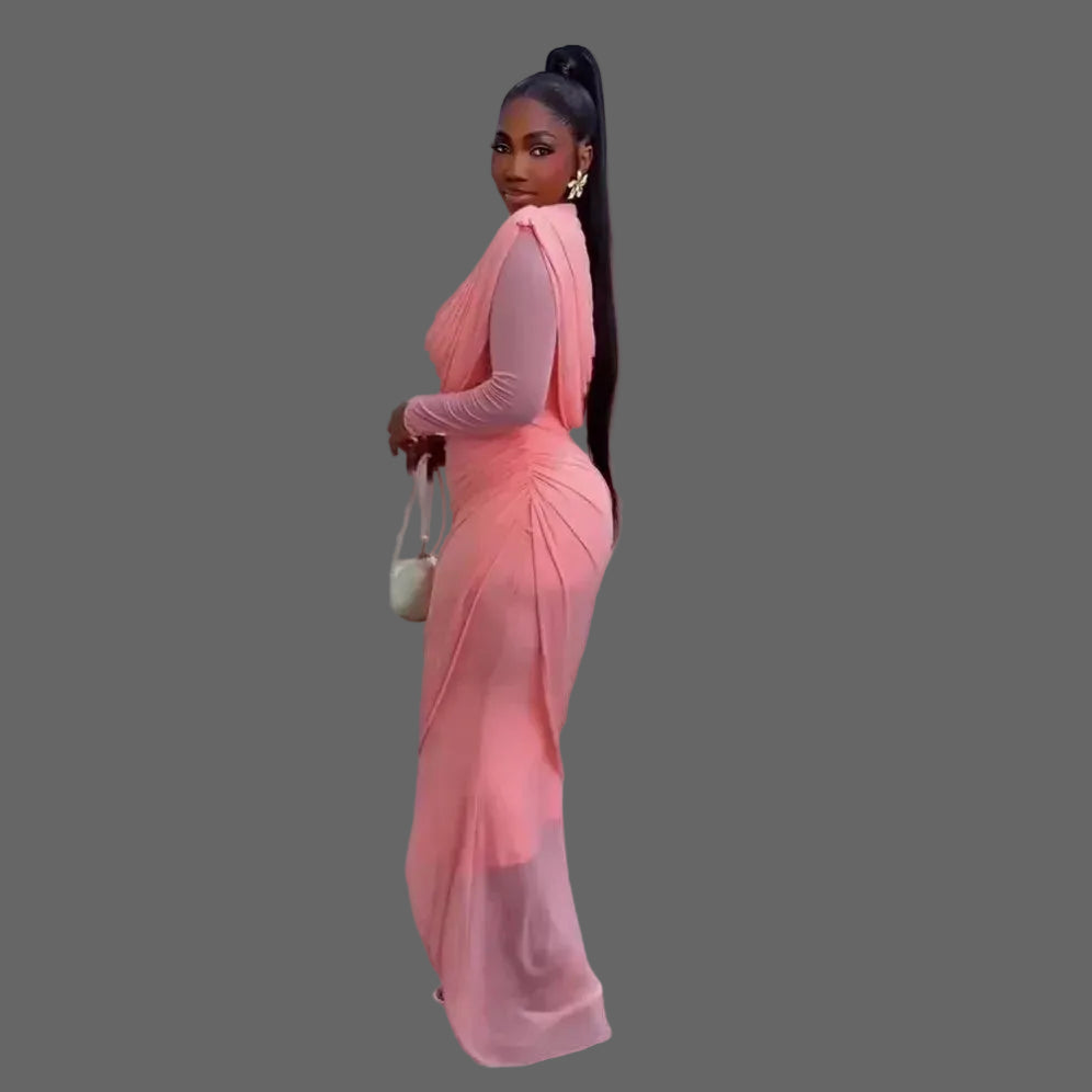 Huda Draped Dress Woman Ruched Maxi Dress Long Sleeve Slim Fit Dinner Gown
