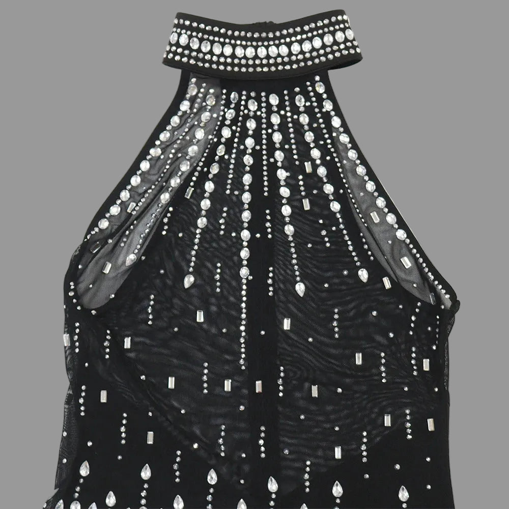 Rhinestone Maxi Dress Empire Waist Milk Silk Eco-Friendly Bodycon Sleeveless Evening Dress for Party Club